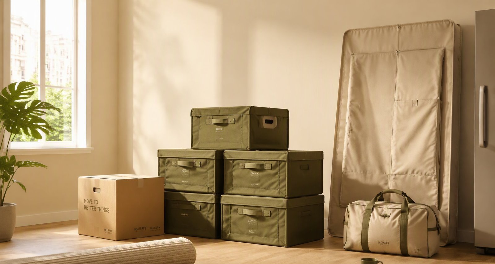 A studio apartment mid-move, everything packed into foldable TheFlorae gear