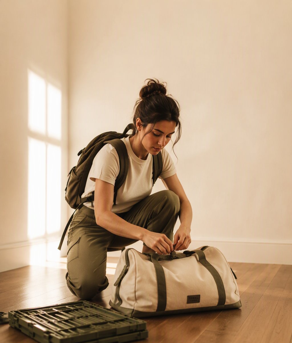 The founder packing a duffel in an empty apartment