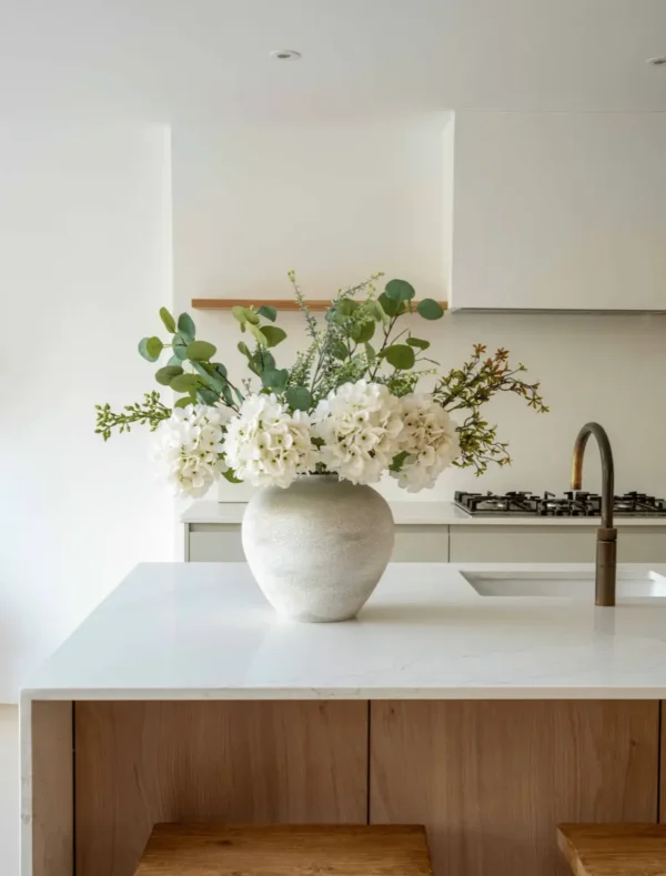 p003_g1 Eucalyptus & White Hydrangea Faux Arrangement