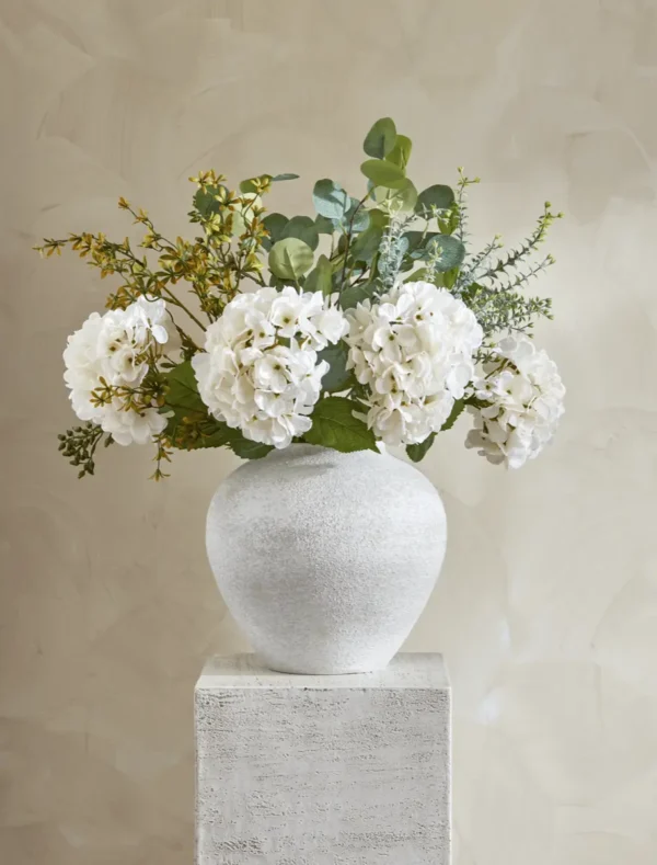 p003_g3 Eucalyptus & White Hydrangea Faux Arrangement